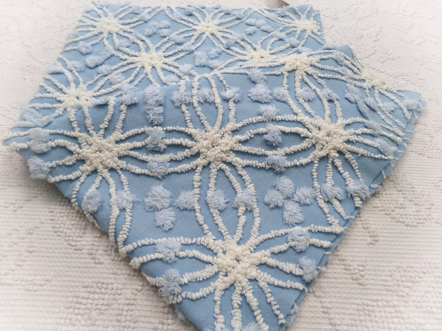 mystic coast blue vintage chenille fabric, 20" x 25" piece quilt & sewing material, white wedding rings with overtufted pops