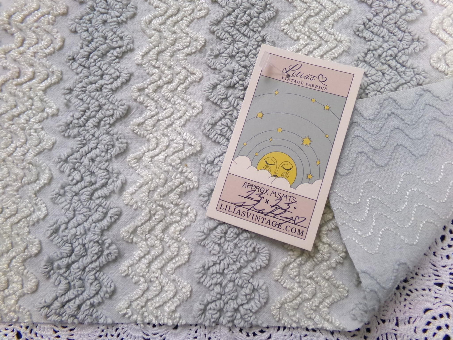 Vintage Chenille Fabric, Grey White Zig Zag Texture 23x23" Quilt Material